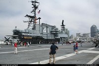 USS Miday, the famous aircraft carrier, now decommissioned and docked at the Broadway Pier in dowtown San Diego. The ship is now a museum. One could tour it, including hanger bay (hudge!), mess hall, flight control center, flight deck and more.