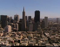 San Francisco : Apercu du centre depuis le haut de la Coit Tower. Un ascenseur triqu conduit au sommet de la tour. Notez la superbe Transamerica Pyramid.