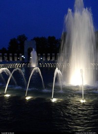 WWII Memorial fountain at sunset