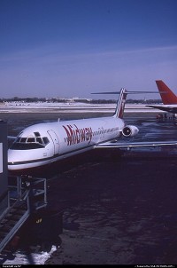 An incoming Midway Douglas DC.9-32 taxies to gate. Based at Chicago Midway, the airline was among scores which took their chances of the Deregulation Act passed in 1978. As which most entrants of the period, life was not kind for Midway which reformated trice before disappearing completely during the late 90s'.
