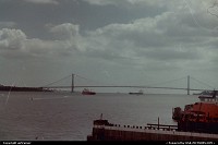 Le Pont Verazzano, vu depuis l'embarcadère du ferry de Staten Island. Ce célèbre pont a été construit en 1964 et était en son temps le plus long pont suspendu au monde.