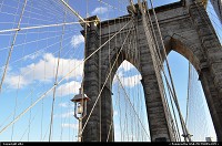 New York : text from wikipedia, find more :http://en.wikipedia.org/wiki/Brooklyn_bridge The Brooklyn Bridge is one of the oldest suspension bridges in the United States. Completed in 1883, it connects the New York City boroughs of Manhattan and Brooklyn by spanning the East River. At 5,989 feet (1825 m),[2] it was the longest suspension bridge in the world from its opening to 1903, the first steel-wire suspension bridge, and the first bridge to connect Manhattan to the mainland. Originally referred to as the New York and Brooklyn Bridge, it was dubbed the Brooklyn Bridge in an 1867 letter to the editor of the Brooklyn Daily Eagle,[3] and formally so named by the city government in 1915. Since its opening, it has become an iconic part of the New York skyline. It was designated a National Historic Landmark in 1964 