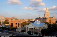 Texas State Capitol, State Office Buildings, and First Methodist Church from a parking garage on Lavaca Street